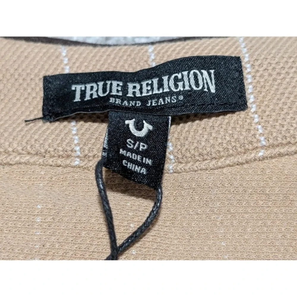True Religion Mens Baseball Jersey Short Sleeve Tan Pinstripe Button Up‎ Size S